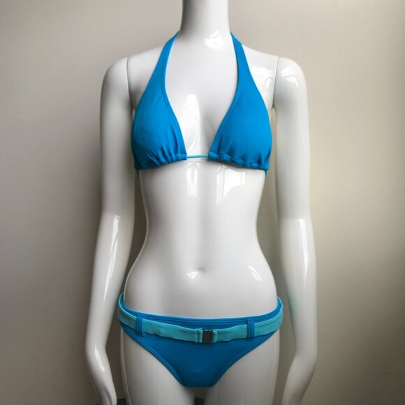 Billabong BLUE CRUSH era Vintage bikini blue belted halter top set RARE - Picture 1 of 9